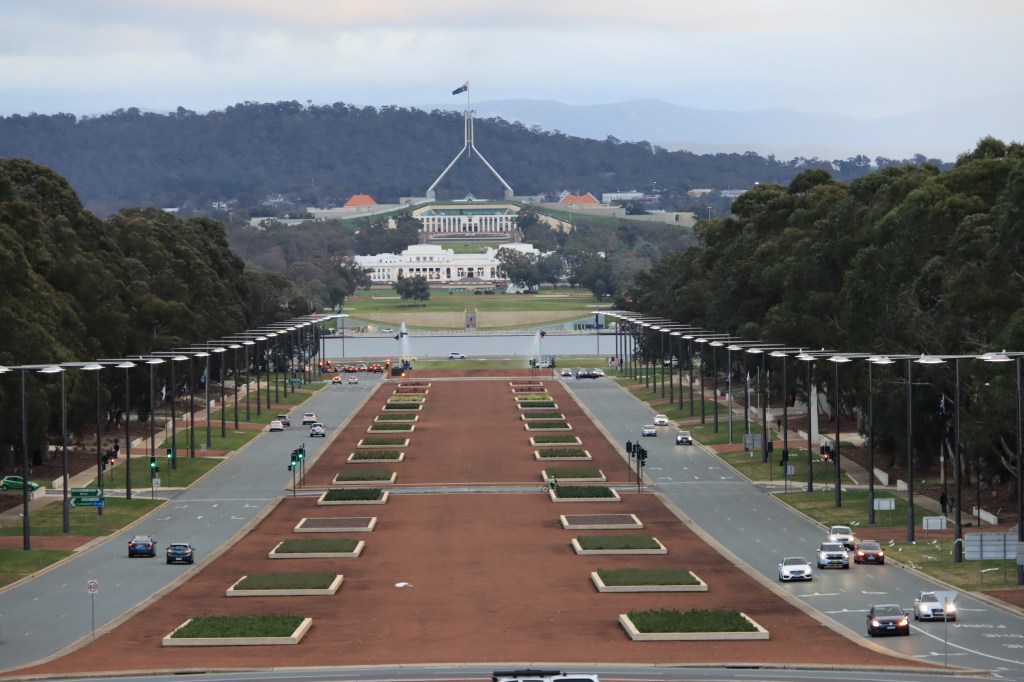 View of Parliament House' old and new, from the War Memorial.